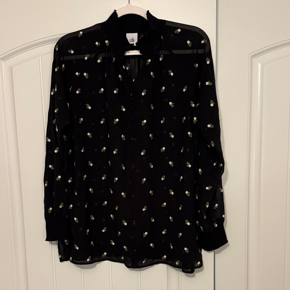 CAbi Black Algeria Embroidered Flower Blouse
